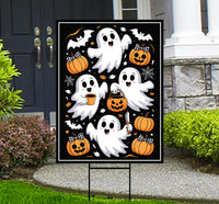 Cute Ghost Pumpkin Latte Yard Sign, Retro Halloween Lawn Sign, Fall Coffee Ghost Outdoor Decoration, Funny Autumn Decor with Metal H-Stake