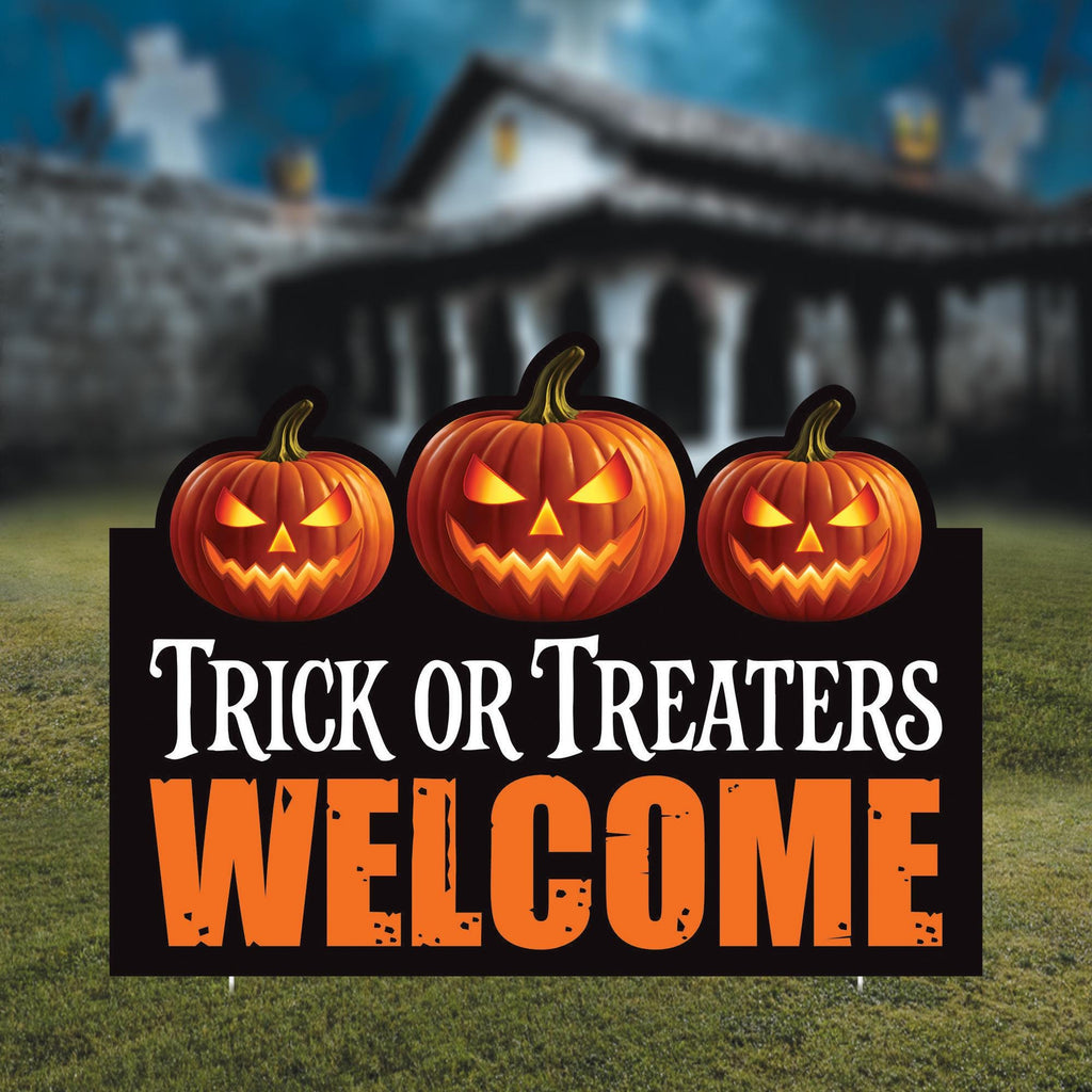 Trick or Treaters Welcome Halloween Yard Sign, Pumpkin Scary Outdoor Lawn Decoration with Stakes, Happy Halloween Garden Sign Cutout