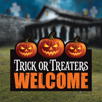 Trick or Treaters Welcome Halloween Yard Sign, Pumpkin Scary Outdoor Lawn Decoration with Stakes, Happy Halloween Garden Sign Cutout
