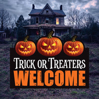 Trick or Treaters Welcome Halloween Yard Sign, Pumpkin Scary Outdoor Lawn Decoration with Stakes, Happy Halloween Garden Sign Cutout