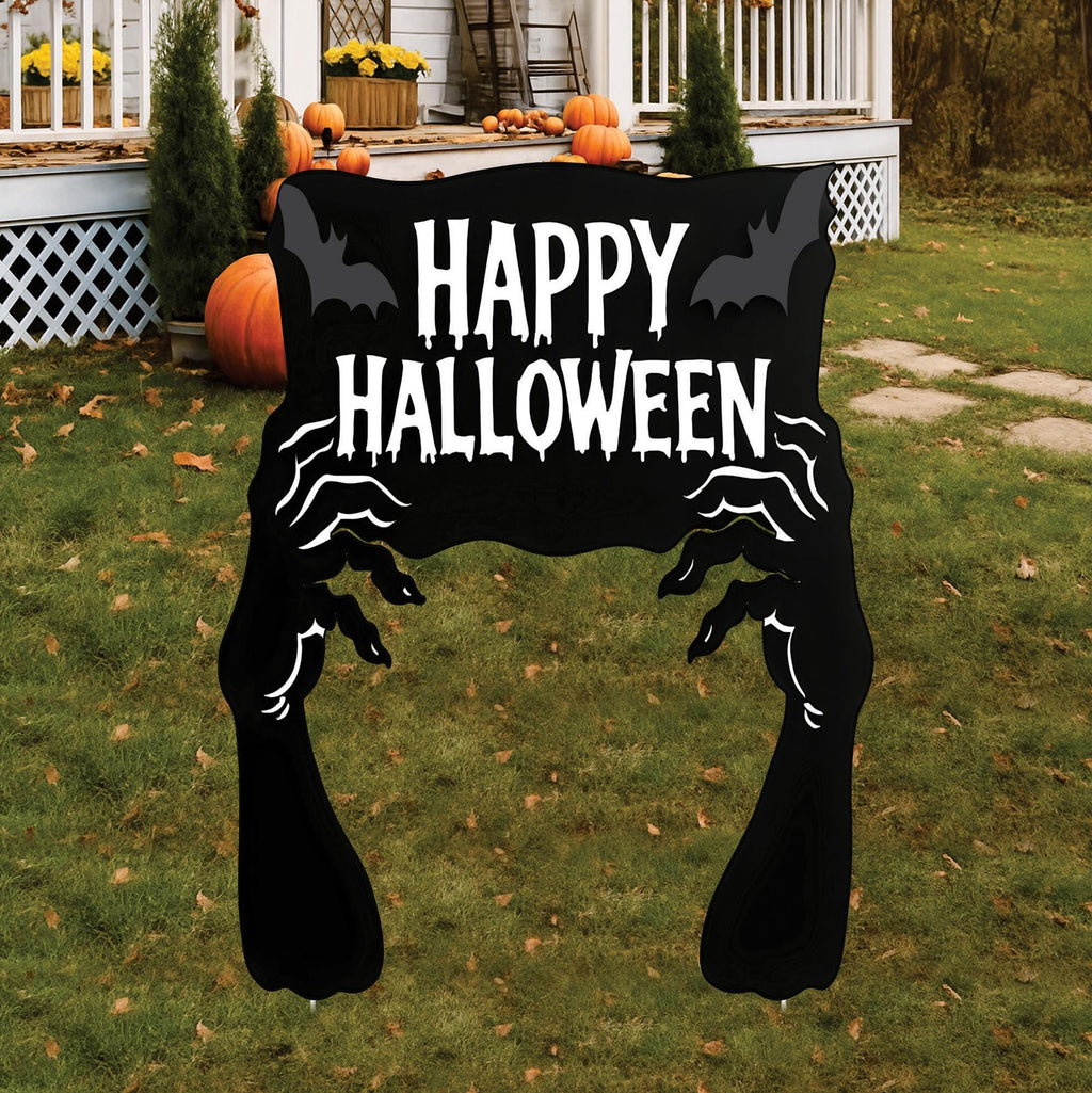 Happy Halloween Yard Sign, Scary Black Hand Silhouette Stake, Spooky Garden Decoration, Outdoor Halloween Lawn Decor with Creepy Bat Design