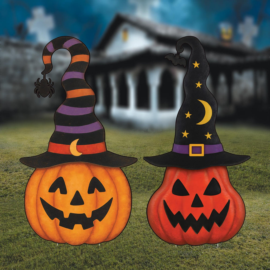 Pumpkin Garden Stakes for Halloween, Jack-o-Lantern Yard Signs with Witch Hats, Outdoor Halloween Lawn Decor for Patio, Garden Party Display