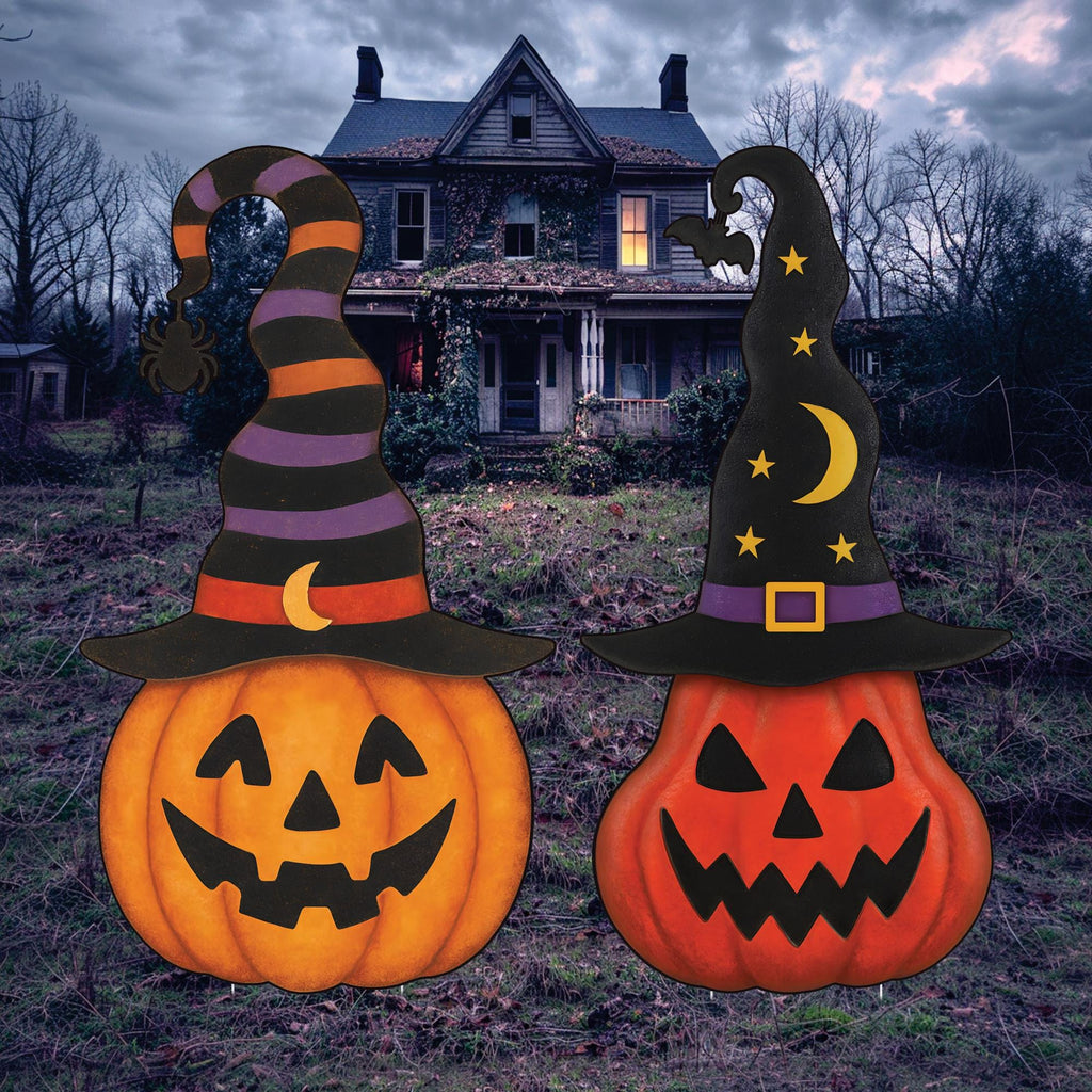 Pumpkin Garden Stakes for Halloween, Jack-o-Lantern Yard Signs with Witch Hats, Outdoor Halloween Lawn Decor for Patio, Garden Party Display