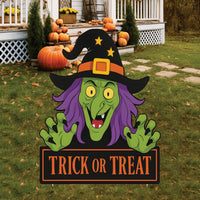Trick or Treat Witch Yard Sign, Halloween Garden Stakes for Outdoor Decor, Green Witch Lawn Decoration, Spooky Porch Party Display