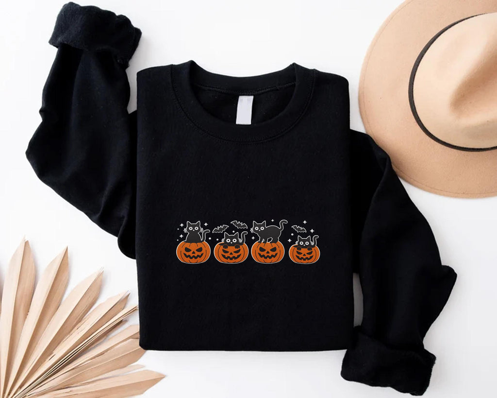 Black Cat Embroidered Sweatshirt, Pumpkin Jack-O'-Lantern Hoodie, Cat Ghost Shirt, Fall Long Sleeve Shirt, Halloween Gift for Cat Lovers