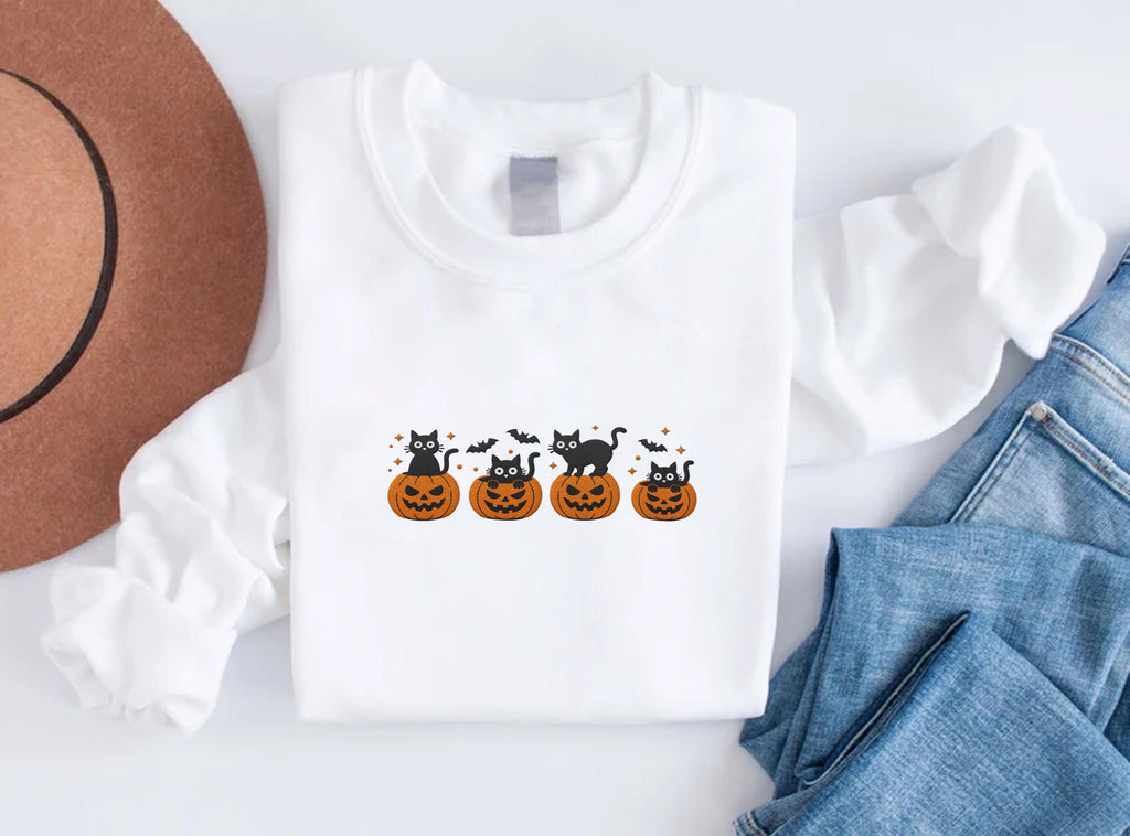 Black Cat Embroidered Sweatshirt, Pumpkin Jack-O'-Lantern Hoodie, Cat Ghost Shirt, Fall Long Sleeve Shirt, Halloween Gift for Cat Lovers