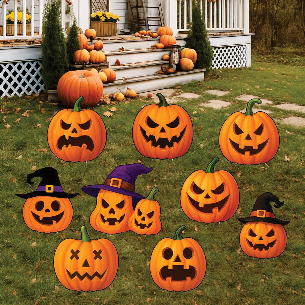 Halloween Pumpkin Yard Stakes with Witch Hats, Outdoor Lawn Signs with Stakes, Spooky Garden Decorations, Halloween Party Yard Props
