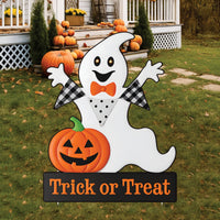 Trick or Treat Ghost Yard Sign, White Ghost Halloween Decoration with Pumpkin, Outdoor Lawn Stakes for Garden Halloween Party Decor