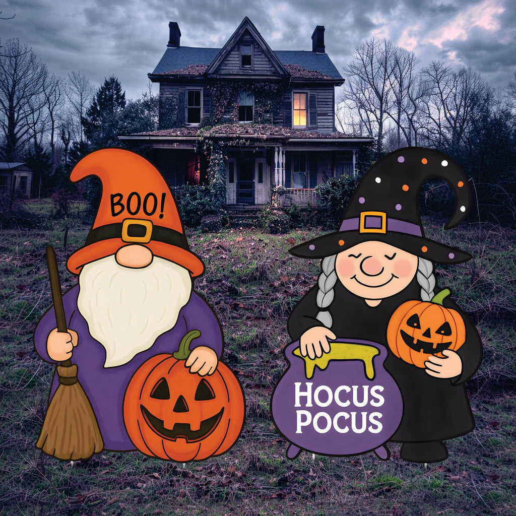 Hocus Pocus Gnome Yard Signs, Halloween Gnome Couple with Pumpkins and Witch Hats, Outdoor Lawn Stakes for Garden Party Decor