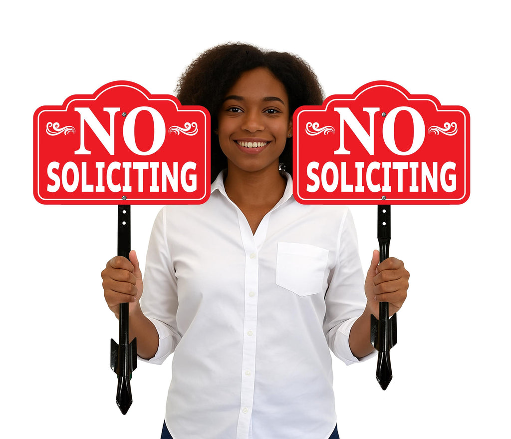 Red No Soliciting Yard Sign with 16" Stake, Rust-Free Aluminum No Soliciting Sign for House, Outdoor Home Privacy Lawn and Garden Decor