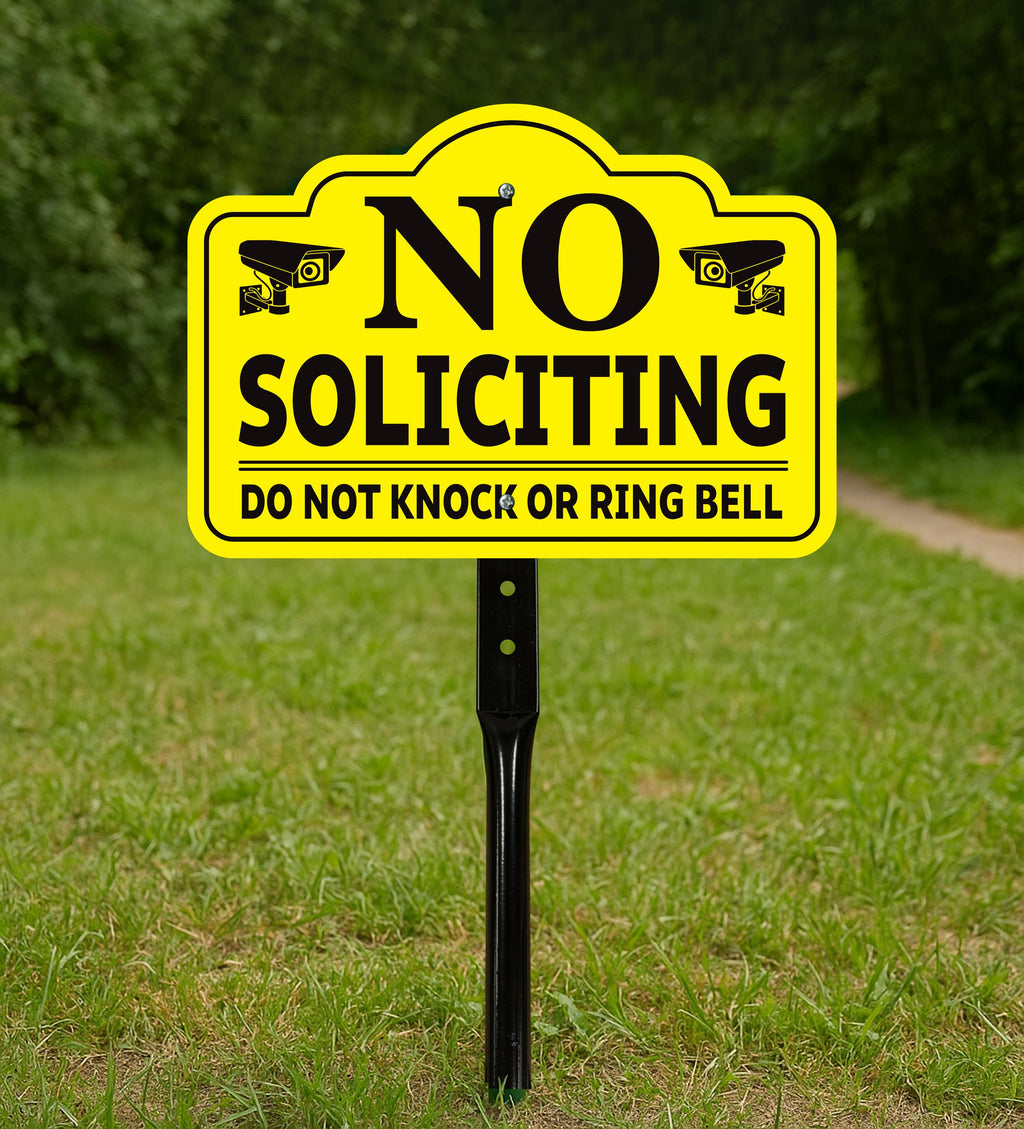 3-Pack No Soliciting Yard Sign with 16" Stake, Bold Yellow Do Not Knock or Ring Bell Sign, Rust-Free Aluminum Security Warning for Home Lawn