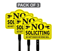 3-Pack No Soliciting Yard Sign with 16" Stake, Bold Yellow Do Not Knock or Ring Bell Sign, Rust-Free Aluminum Security Warning for Home Lawn