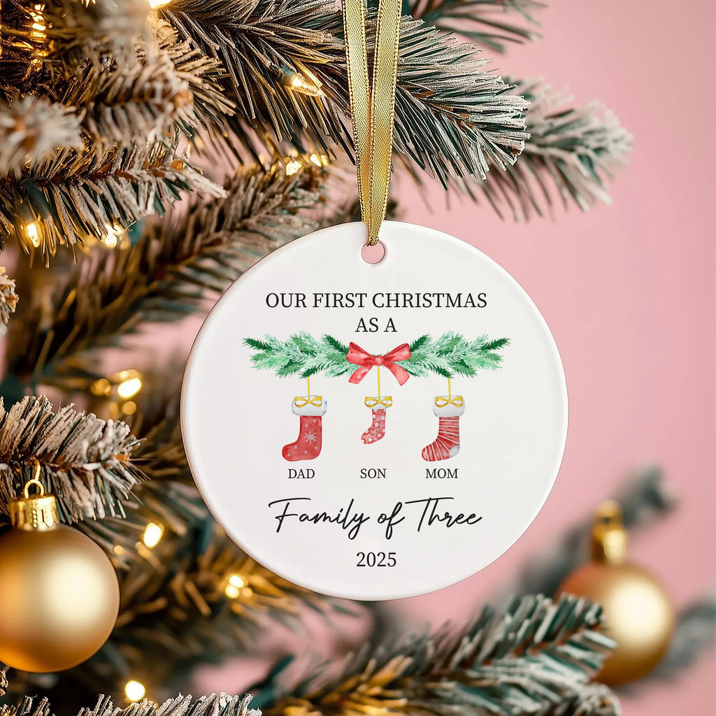 Family Of Three Christmas Ornament, Personalized Baby's First Christmas Ceramic Ornament, Custom New Family Ornament, Name Initial Gift