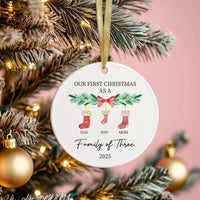Family Of Three Christmas Ornament, Personalized Baby's First Christmas Ceramic Ornament, Custom New Family Ornament, Name Initial Gift