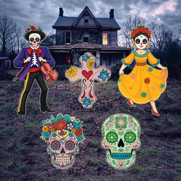 6 Pcs Day Of The Dead Yard Decorations - Light-Up Skeleton Bride & Groom Signs With Stakes, For Halloween & Mexican Fiesta