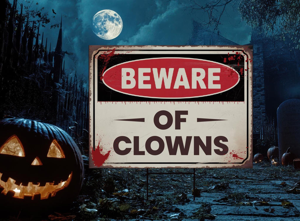 Beware of Clowns Yard Sign, Keep Out Halloween Lawn Decoration, Scary Spooky Outdoor Decor, Creepy Circus Warning Sign with Metal H-Stake