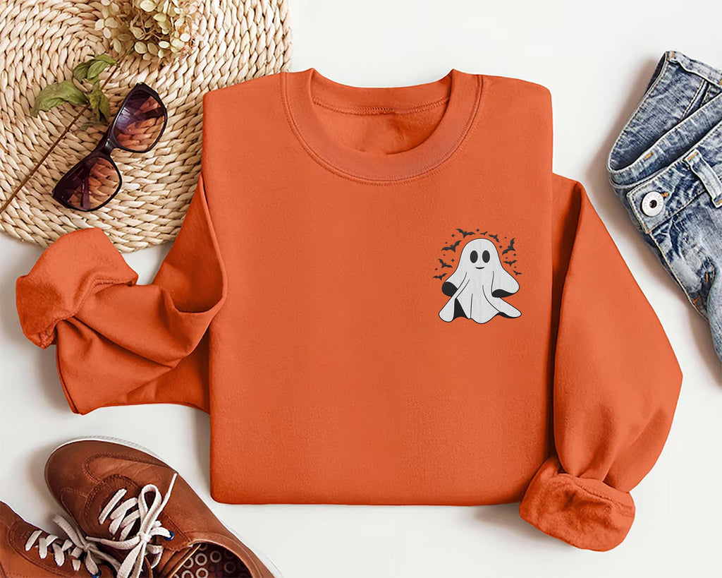 Halloween Ghost Embroidered Sweatshirt, Spooky Season Hoodie, Cute Ghost Shirt, Fall Long Sleeve Shirt, Cozy Halloween Outfit Gift