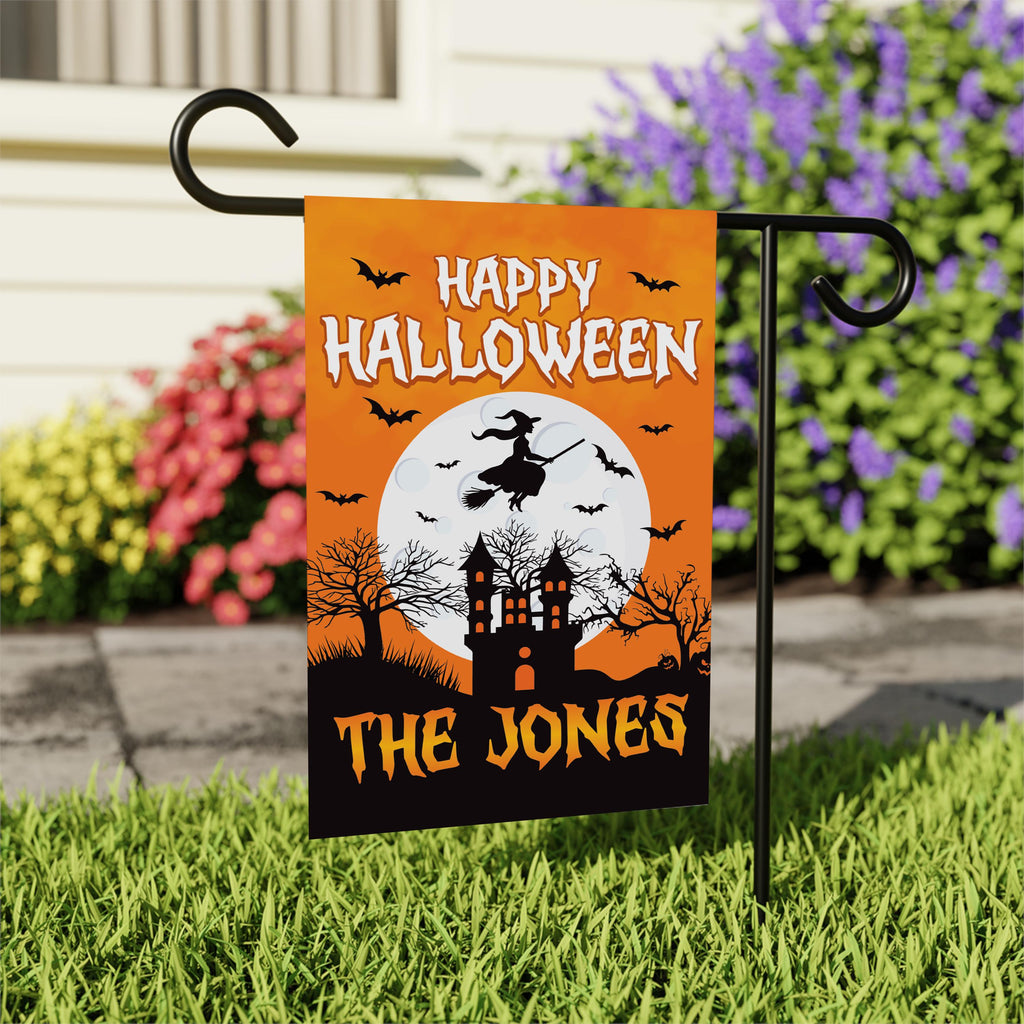 Personalized Happy Halloween Garden Flag, Flying Witch Yard Flag, Haunted Castle Fall Decor, Spooky Family Name Sign, Welcome Outdoor Flag