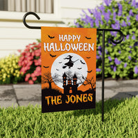 Personalized Happy Halloween Garden Flag, Flying Witch Yard Flag, Haunted Castle Fall Decor, Spooky Family Name Sign, Welcome Outdoor Flag