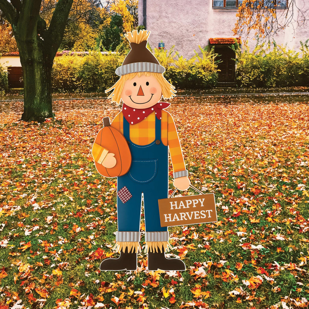 Scarecrow Fall Yard Sign, Happy Harvest Thanksgiving Outdoor Decoration, Pumpkin Garden Stake, Autumn Porch Lawn Decor with Cute Scarecrow