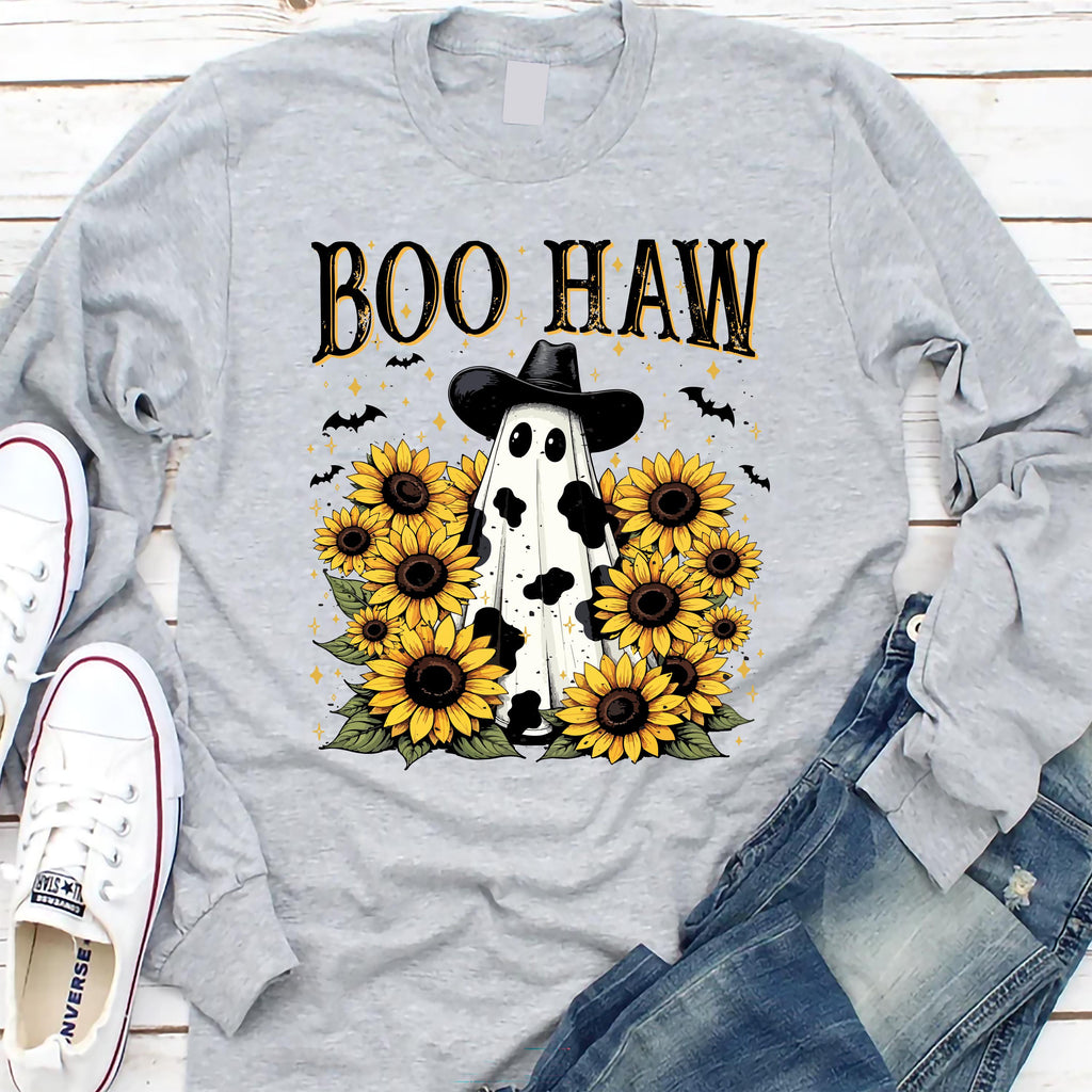 Boo Haw Long Sleeve Shirt, Cow Spot Ghost Western Halloween Tee