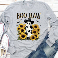 Boo Haw Long Sleeve Shirt, Cow Spot Ghost Western Halloween Tee