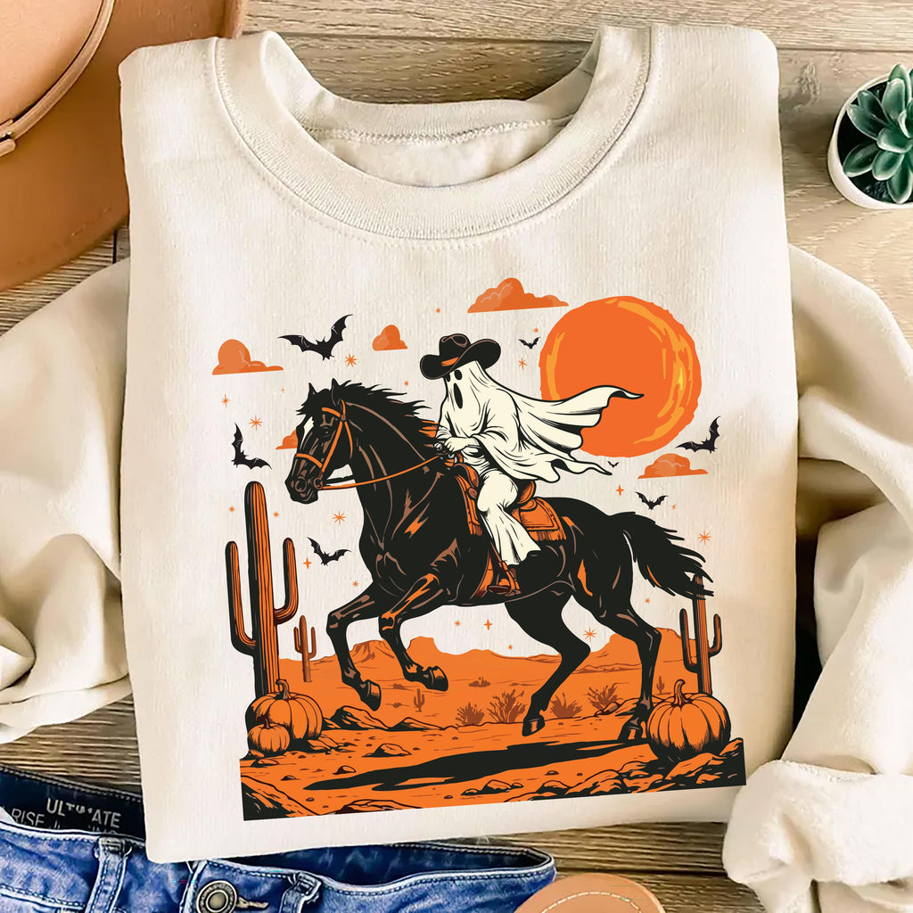 Retro Halloween Sweatshirt, Trendy Ghost and Bats Spooky Season Tee