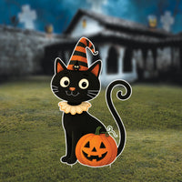 Cute Halloween Cat Yard Sign with Pumpkin, Outdoor Black Cat Lawn Decoration with Stakes, Corrugated Garden Sign for Porch or Party Display