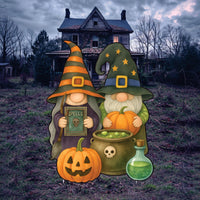 Halloween Gnome Yard Sign with Stakes, Witch and Wizard Lawn Decoration with Pumpkin and Cauldron, Outdoor Garden Decor for Fall Party