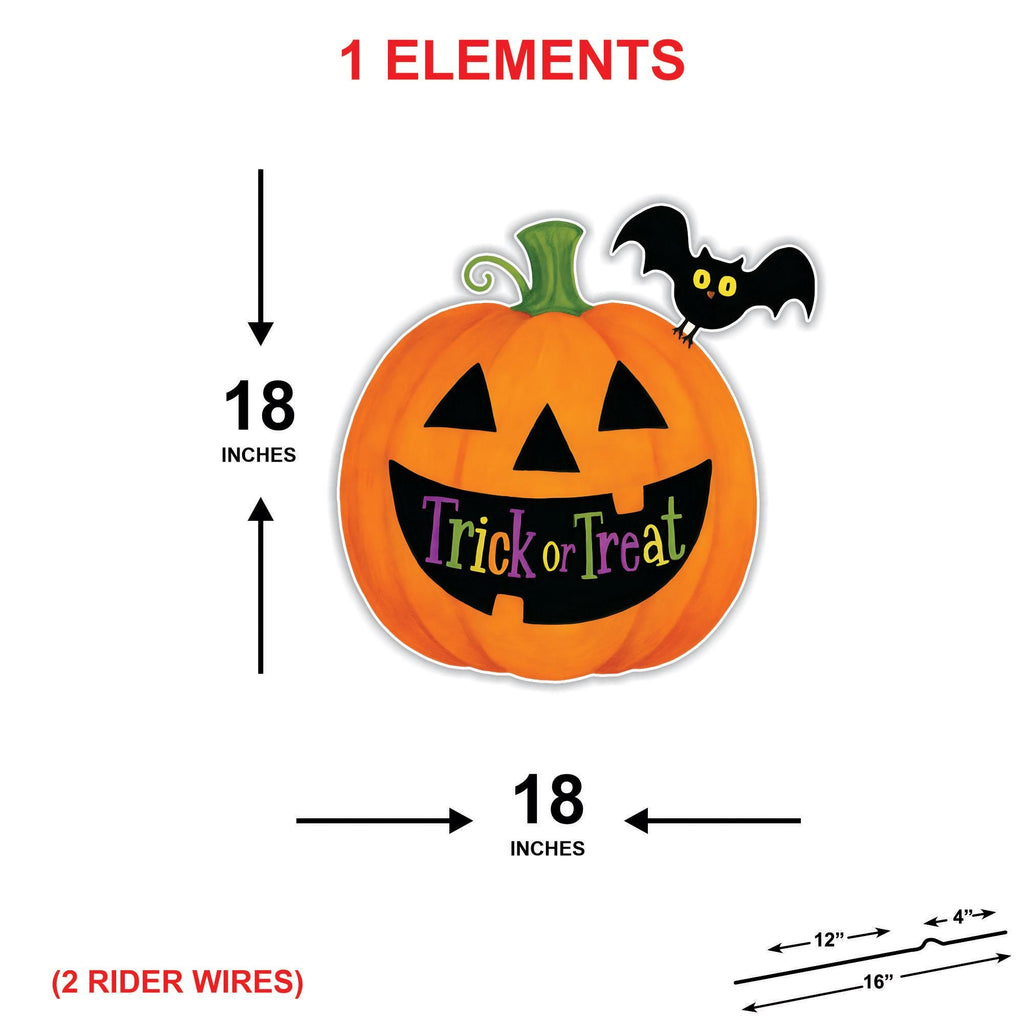 Trick or Treat Pumpkin Halloween Yard Sign with Bat, Outdoor Jack-O'-Lantern Lawn Decoration with Stakes for Garden, Porch, or Party Decor