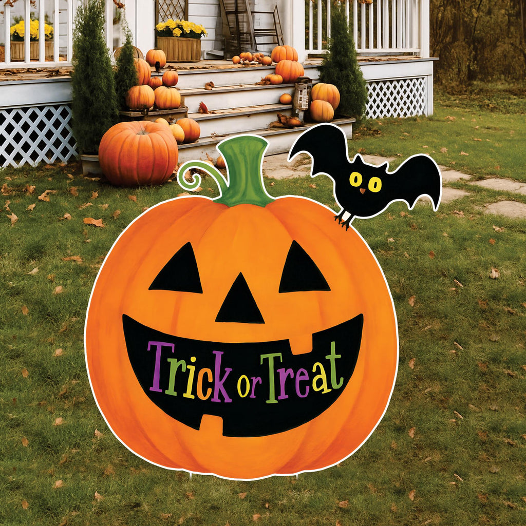 Trick or Treat Pumpkin Halloween Yard Sign with Bat, Outdoor Jack-O'-Lantern Lawn Decoration with Stakes for Garden, Porch, or Party Decor