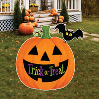 Trick or Treat Pumpkin Halloween Yard Sign with Bat, Outdoor Jack-O'-Lantern Lawn Decoration with Stakes for Garden, Porch, or Party Decor
