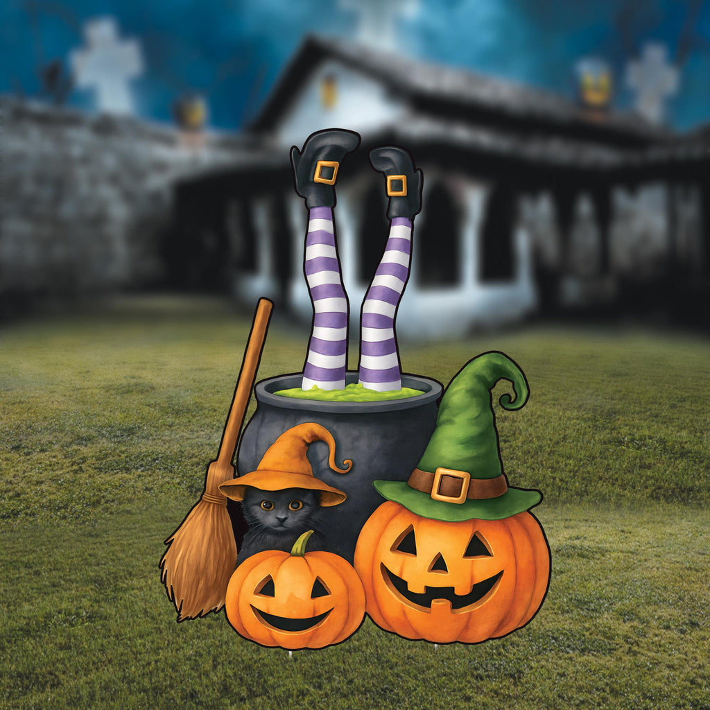 Witch Cauldron Halloween Yard Sign with Stakes, Pumpkin Cat Lawn Decoration, Funny Outdoor Witch Brew Scene for Porch, Garden, or Party