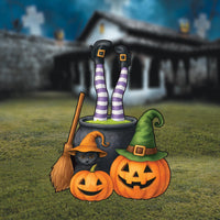 Witch Cauldron Halloween Yard Sign with Stakes, Pumpkin Cat Lawn Decoration, Funny Outdoor Witch Brew Scene for Porch, Garden, or Party