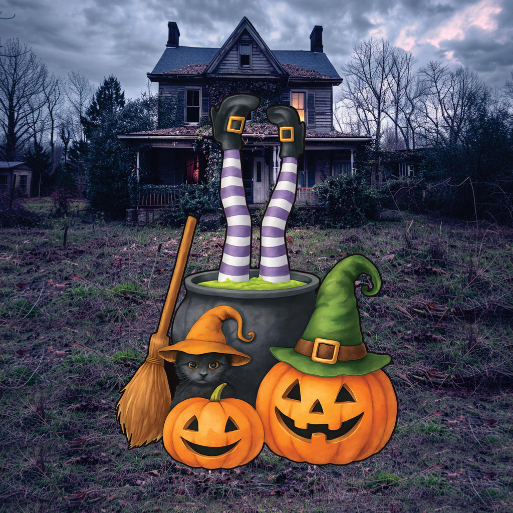 Witch Cauldron Halloween Yard Sign with Stakes, Pumpkin Cat Lawn Decoration, Funny Outdoor Witch Brew Scene for Porch, Garden, or Party