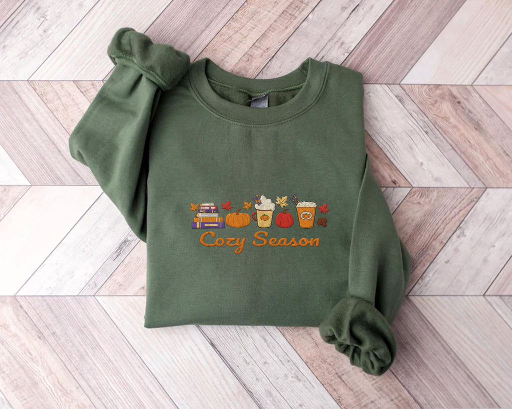Cozy Season Embroidered Sweatshirt, Autumn Vibes Hoodie, Fall Shirt, Cozy Long Sleeve Shirt for Her, Cute Minimal Fall Aesthetic Gift