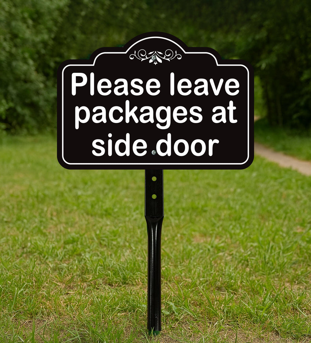 2 Pack Please Leave Packages at Side Door Yard Sign with 16" Stake, Aluminum Delivery Instruction Sign, Outdoor Parcel Drop Off Lawn Sign