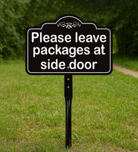 2 Pack Please Leave Packages at Side Door Yard Sign with 16" Stake, Aluminum Delivery Instruction Sign, Outdoor Parcel Drop Off Lawn Sign