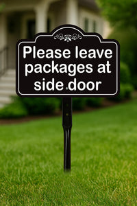 2 Pack Please Leave Packages at Side Door Yard Sign with 16" Stake, Aluminum Delivery Instruction Sign, Outdoor Parcel Drop Off Lawn Sign