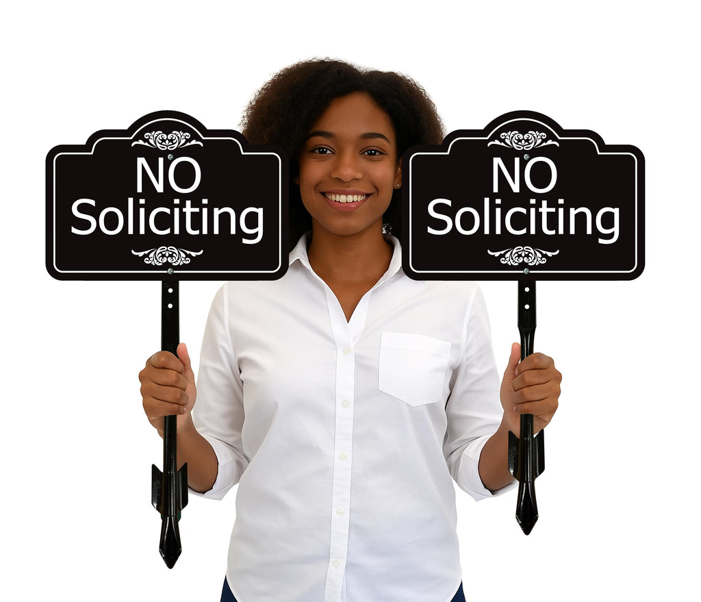 2 Pack No Soliciting Yard Sign with 16" Stake, Rust-Free Aluminum No Solicitors Warning Sign, Outdoor Home Privacy and Security Lawn Sign