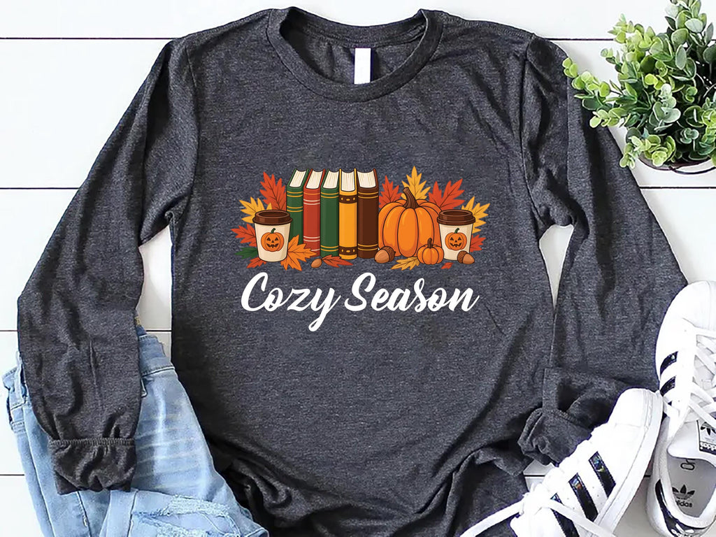 Cozy Season Fall Long Sleeve Shirt, Cute Autumn Crewneck Tee, Cozy Fall Graphic Shirt