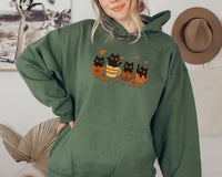 Halloween Black Cat Embroidered Hoodie, Pumpkin Fall Hoodie, Cute Spooky Shirt, Autumn Long Sleeve Shirt, Cat & Coffee Lover Gift