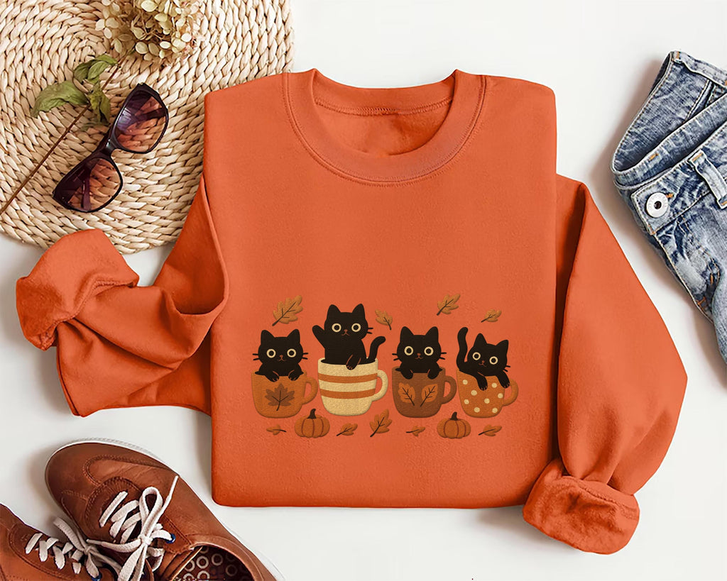Halloween Black Cat Embroidered Sweatshirt, Pumpkin Fall Hoodie, Cute Spooky Shirt, Autumn Long Sleeve Shirt, Cat & Coffee Lover Gift