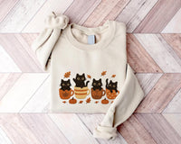 Halloween Black Cat Embroidered Sweatshirt, Pumpkin Fall Hoodie, Cute Spooky Shirt, Autumn Long Sleeve Shirt, Cat & Coffee Lover Gift