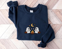 Cute Ghosts Camping Embroidered Sweatshirt, Spooky Season Hoodie, Halloween Shirt, Vintage Ghost Long Sleeve Shirt, Outdoors Fall Gift
