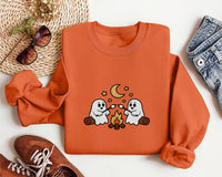Cute Ghosts Camping Embroidered Sweatshirt, Spooky Season Hoodie, Halloween Shirt, Vintage Ghost Long Sleeve Shirt, Outdoors Fall Gift
