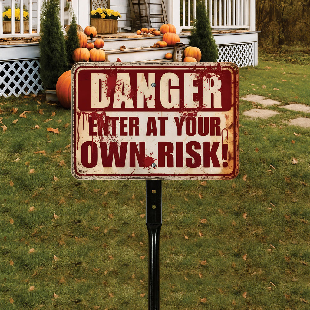Halloween Enter at Your Own Risk Yard Sign with 16" Stake, Scary Bloody Rust-Free Aluminum Horror Sign, Outdoor Haunted House Party Decor