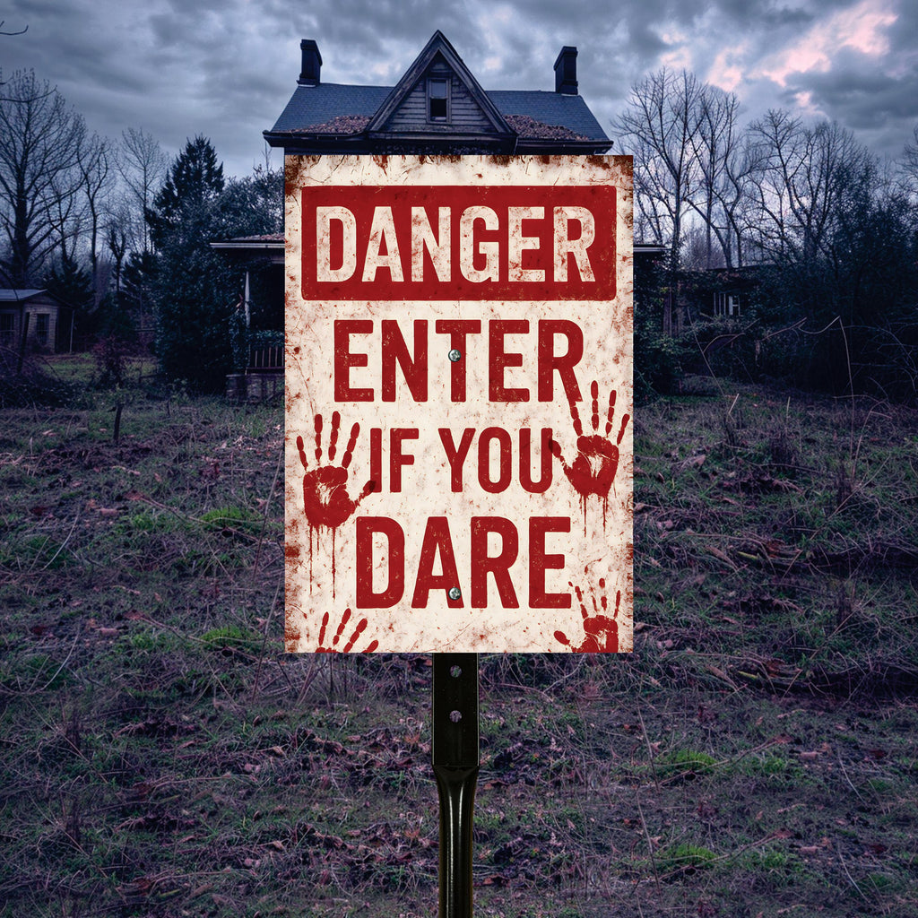 Danger Enter If You Dare Halloween Yard Sign with 16" Stake, Rust-Free Aluminum Scary Garden Decoration, Outdoor Haunted House Warning Sign