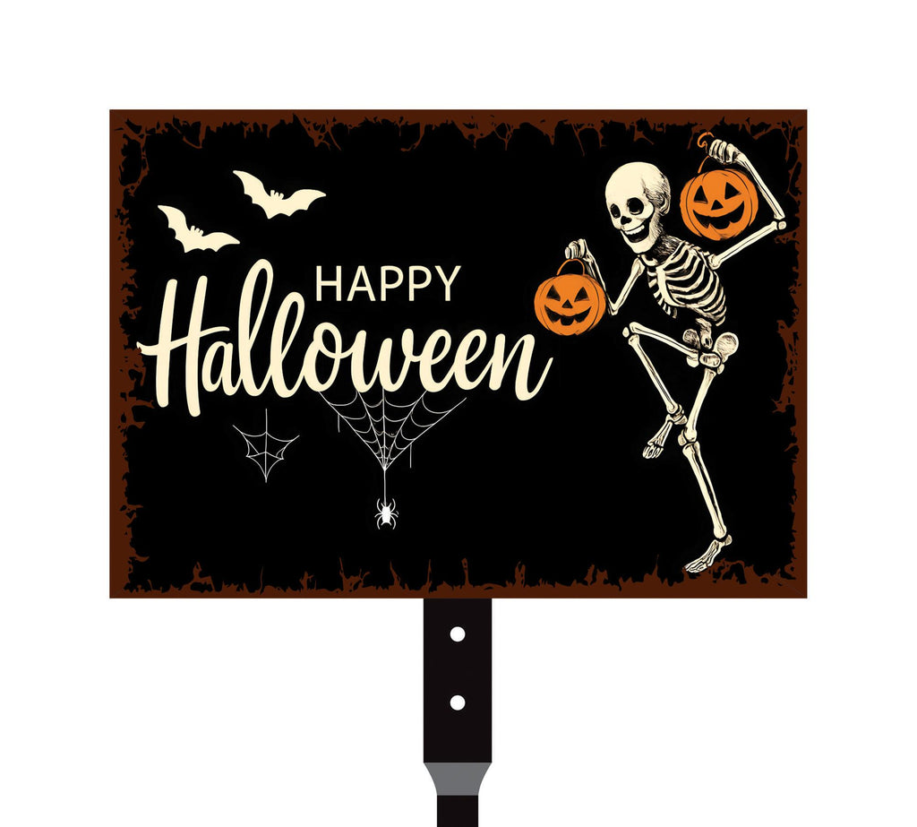 Happy Halloween Yard Sign with 16" Stake, Rust-Free Aluminum Skeleton Pumpkin Lawn Sign, Outdoor Spooky Halloween Garden Decoration