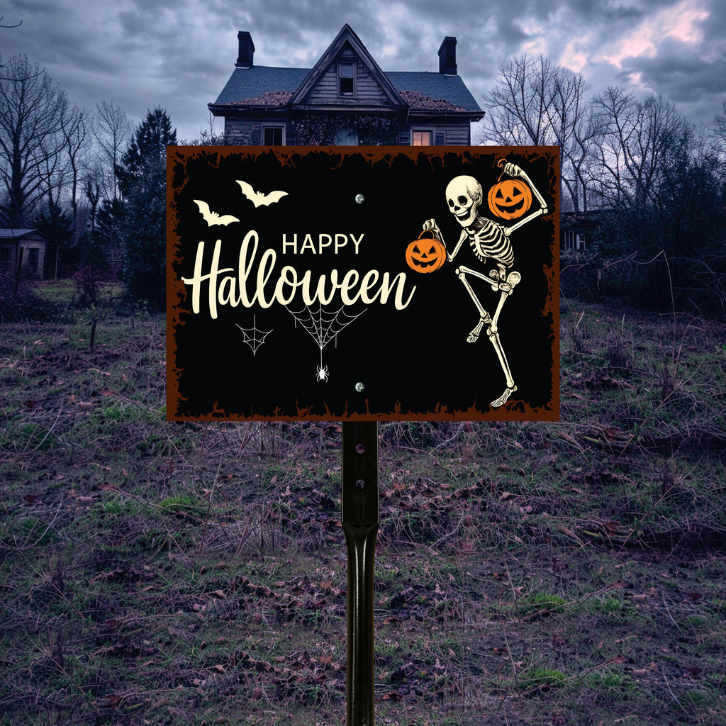 Happy Halloween Yard Sign with 16" Stake, Rust-Free Aluminum Skeleton Pumpkin Lawn Sign, Outdoor Spooky Halloween Garden Decoration